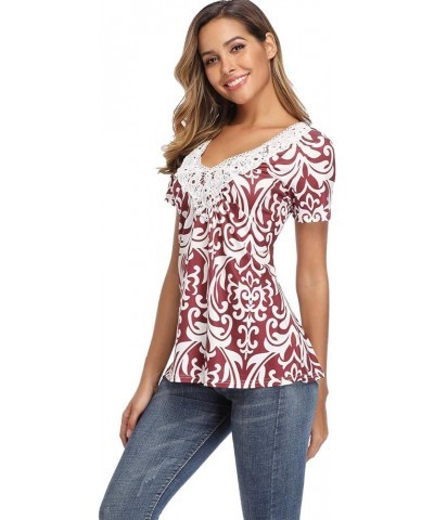 Tunic Tops for Women Deep V Neck Lace Ruched Front Ruffle Short Sleeves Peasant Blouse Pleated Shirts A-burgundy $12.60 Tops