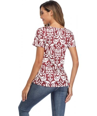 Tunic Tops for Women Deep V Neck Lace Ruched Front Ruffle Short Sleeves Peasant Blouse Pleated Shirts A-burgundy $12.60 Tops