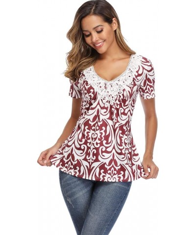 Tunic Tops for Women Deep V Neck Lace Ruched Front Ruffle Short Sleeves Peasant Blouse Pleated Shirts A-burgundy $12.60 Tops