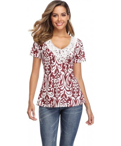 Tunic Tops for Women Deep V Neck Lace Ruched Front Ruffle Short Sleeves Peasant Blouse Pleated Shirts A-burgundy $12.60 Tops