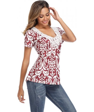 Tunic Tops for Women Deep V Neck Lace Ruched Front Ruffle Short Sleeves Peasant Blouse Pleated Shirts A-burgundy $12.60 Tops