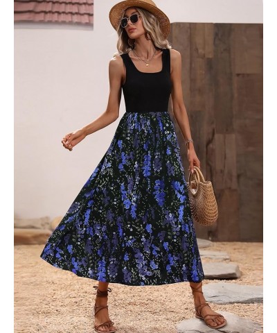 Women's Scoop Neck Button Front Tank Dress Sleeveless Floral Print Mini Dresses Blue $18.40 Dresses