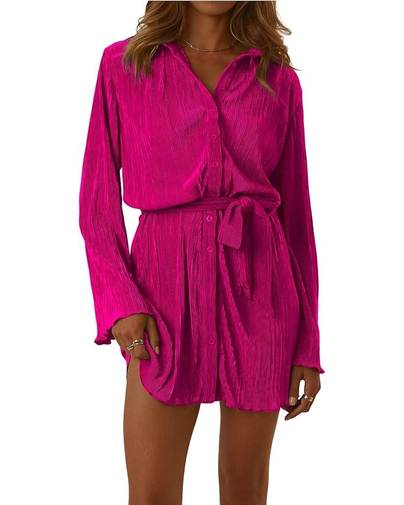 Women's Pleated Collar V Neck Button Down Long Sleeve Mini Shirt Dress with Belt Rose $19.25 Dresses