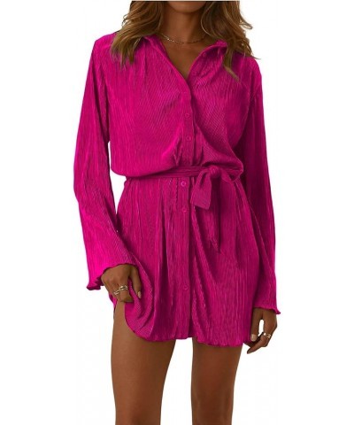 Women's Pleated Collar V Neck Button Down Long Sleeve Mini Shirt Dress with Belt Rose $19.25 Dresses