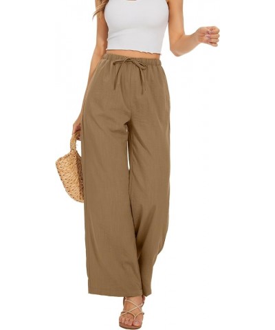 Pants for Women Elastic Waist Wide Leg Palazzo Linen Trousers Loose Fit with Pockets Khaki $20.39 Pants