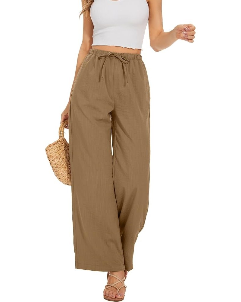 Pants for Women Elastic Waist Wide Leg Palazzo Linen Trousers Loose Fit with Pockets Khaki $20.39 Pants