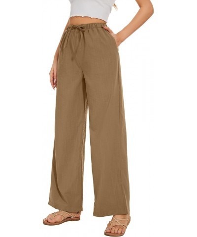 Pants for Women Elastic Waist Wide Leg Palazzo Linen Trousers Loose Fit with Pockets Khaki $20.39 Pants