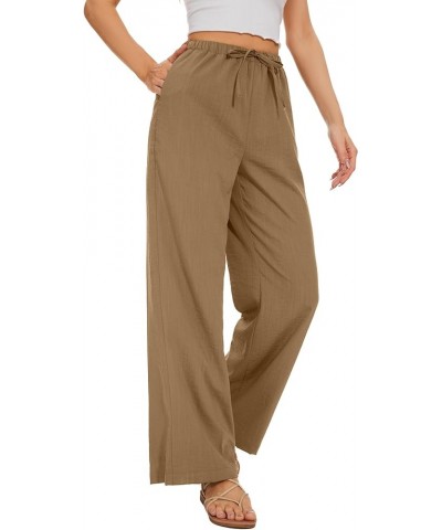 Pants for Women Elastic Waist Wide Leg Palazzo Linen Trousers Loose Fit with Pockets Khaki $20.39 Pants