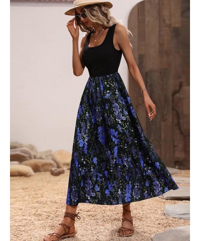 Women's Scoop Neck Button Front Tank Dress Sleeveless Floral Print Mini Dresses Blue $18.40 Dresses
