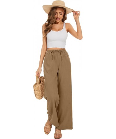 Pants for Women Elastic Waist Wide Leg Palazzo Linen Trousers Loose Fit with Pockets Khaki $20.39 Pants