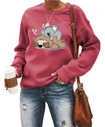 Women's Sweatshirt Sleep Sloths Print Creneck Long Sleeve Hoodie Female Oversize Hoodies Red $17.66 Hoodies & Sweatshirts
