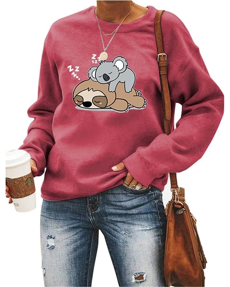 Women's Sweatshirt Sleep Sloths Print Creneck Long Sleeve Hoodie Female Oversize Hoodies Red $17.66 Hoodies & Sweatshirts