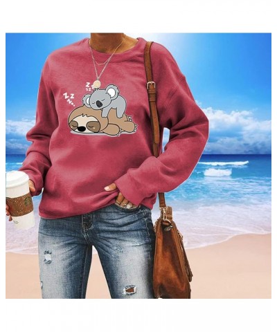 Women's Sweatshirt Sleep Sloths Print Creneck Long Sleeve Hoodie Female Oversize Hoodies Red $17.66 Hoodies & Sweatshirts