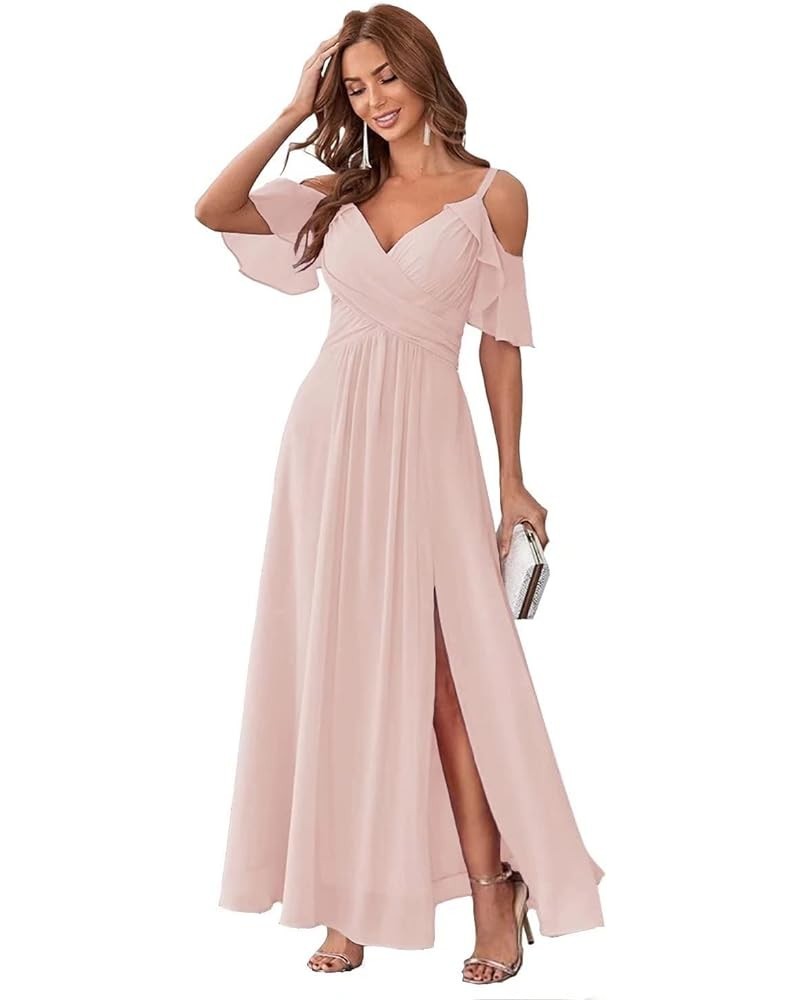 Women's Cold Shoulder Chiffon Bridesmaid Dresses Long with Slit Formal Party Dress for Junior SK95 Blush Pink $25.30 Dresses