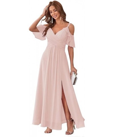 Women's Cold Shoulder Chiffon Bridesmaid Dresses Long with Slit Formal Party Dress for Junior SK95 Blush Pink $25.30 Dresses