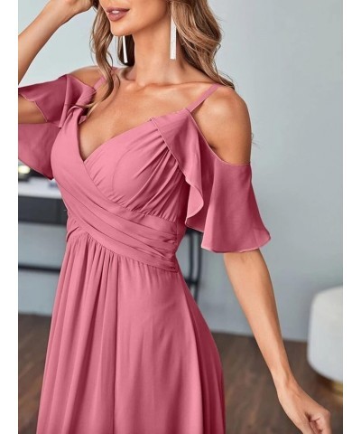 Women's Cold Shoulder Chiffon Bridesmaid Dresses Long with Slit Formal Party Dress for Junior SK95 Blush Pink $25.30 Dresses