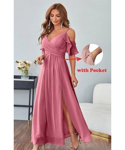 Women's Cold Shoulder Chiffon Bridesmaid Dresses Long with Slit Formal Party Dress for Junior SK95 Blush Pink $25.30 Dresses