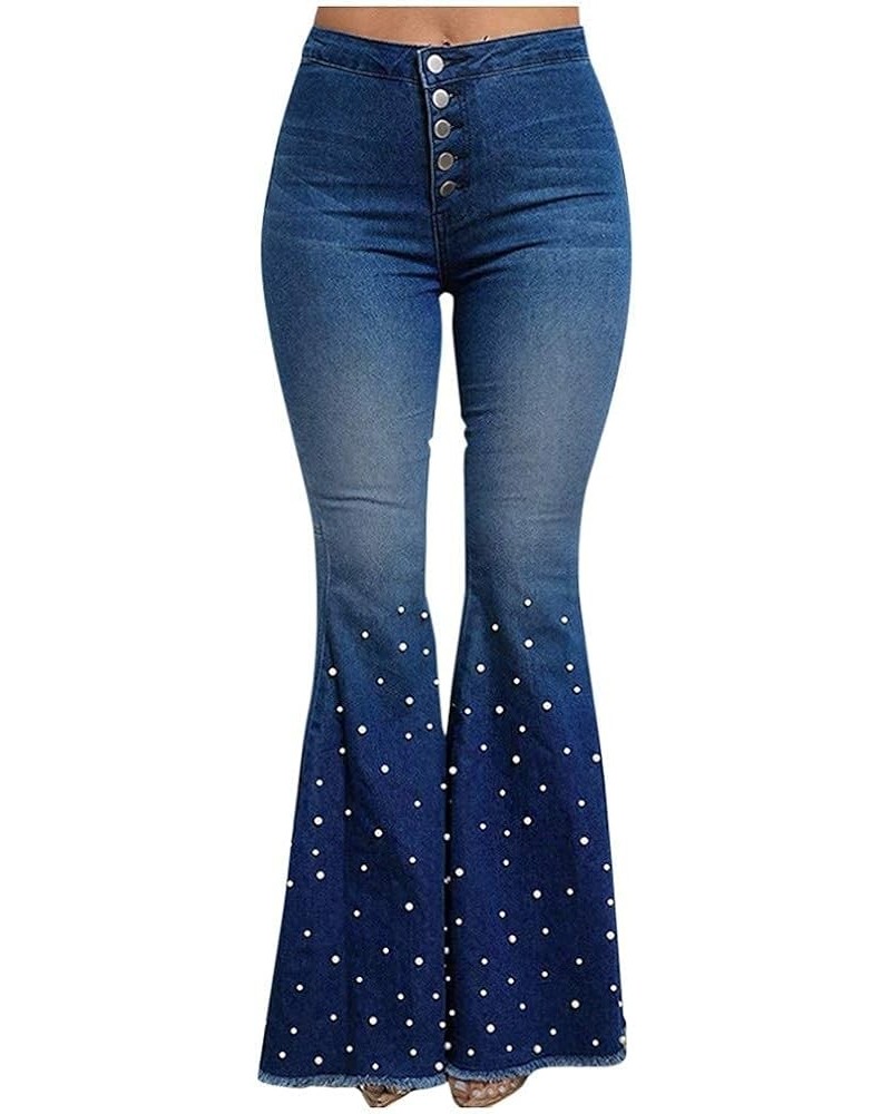 Bell Bottom Jeans for Women Skinny Flared Pants Autumn Casual Beaded The New Trousers Long Jeans Blue $7.71 Jeans