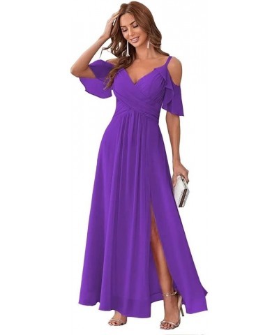 Women's Cold Shoulder Bridesmaid Dresses Long A Line Chiffon Formal Dress V Neck Slit Evening Gown with Sleeve YE95 Purple $1...