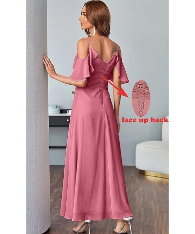 Women's Cold Shoulder Bridesmaid Dresses Long A Line Chiffon Formal Dress V Neck Slit Evening Gown with Sleeve YE95 Purple $1...