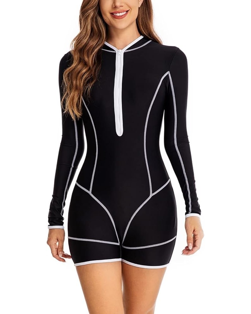 Women's One Piece Swimsuit Long Sleeve Rash Guard Boyleg Athletic Swimwear Bathing Suit Black / White 3 $14.00 Swimsuits