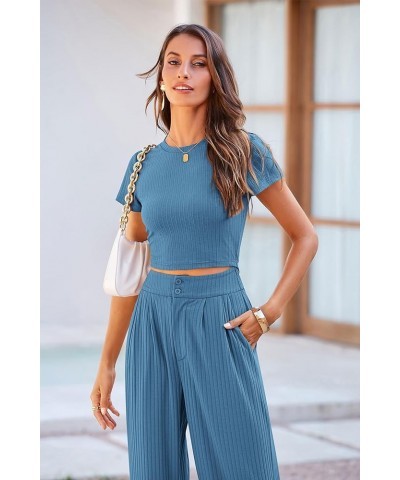 Women's Summer Knit 2 Piece Outfit Short Sleeve Crop Tee Tops Wide Leg Pants Set Tracksuit Loungewear Lake Blue $19.32 Active...