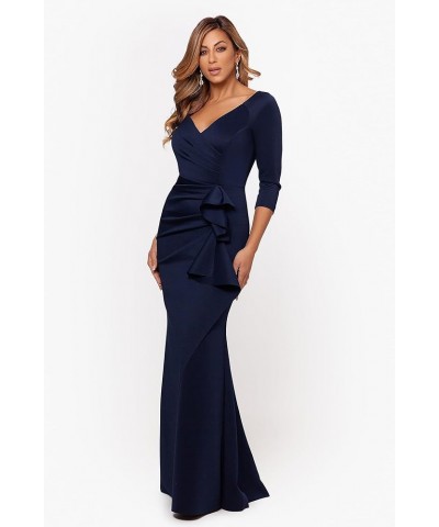 Women's Long 3/4 Sleeve V-Neck Side Ruched Gown (Reg and Petite) Midnight $106.26 Dresses