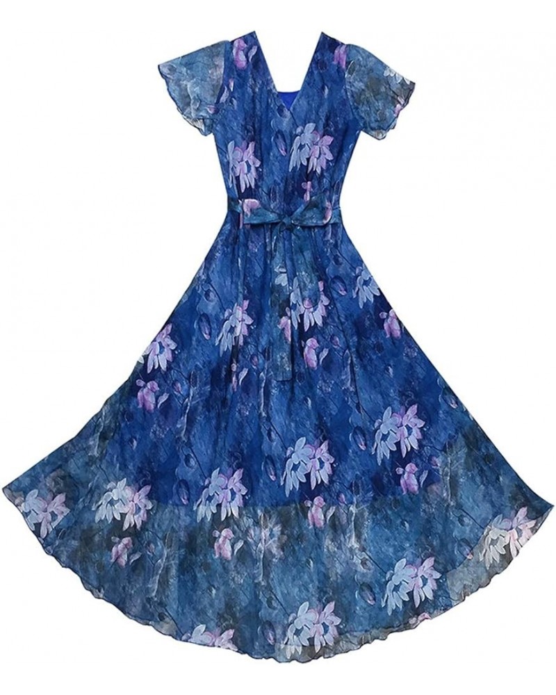 Women's Short Sleeve Floral Bohemian Maxi Dress Blue Lotus $24.74 Dresses