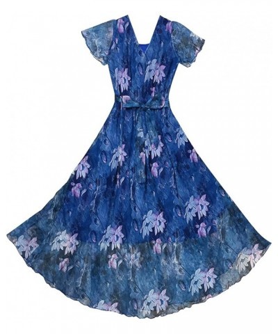 Women's Short Sleeve Floral Bohemian Maxi Dress Blue Lotus $24.74 Dresses