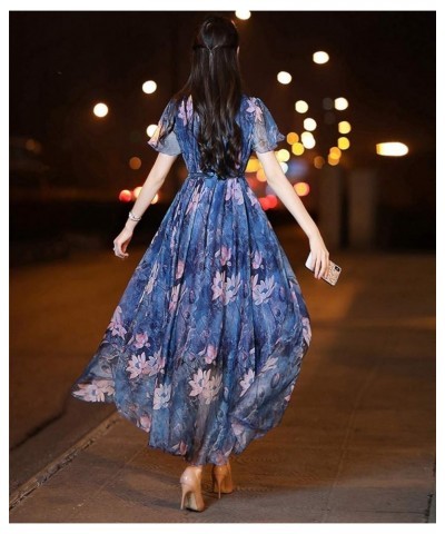 Women's Short Sleeve Floral Bohemian Maxi Dress Blue Lotus $24.74 Dresses