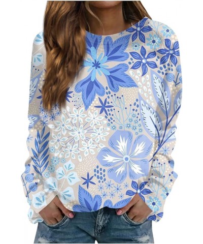 Womens Workout Tops,Women's Casual Fashion Floral Print Long Sleeve O-Neck Pullover Top Blouse 2-light Blue $8.80 Blouses