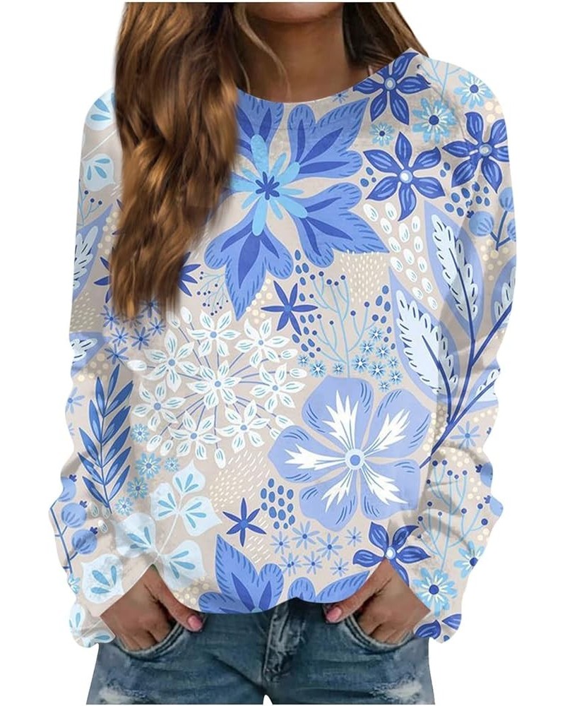 Womens Workout Tops,Women's Casual Fashion Floral Print Long Sleeve O-Neck Pullover Top Blouse 2-light Blue $8.80 Blouses