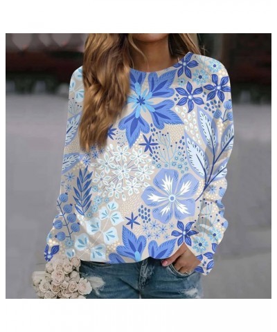 Womens Workout Tops,Women's Casual Fashion Floral Print Long Sleeve O-Neck Pullover Top Blouse 2-light Blue $8.80 Blouses