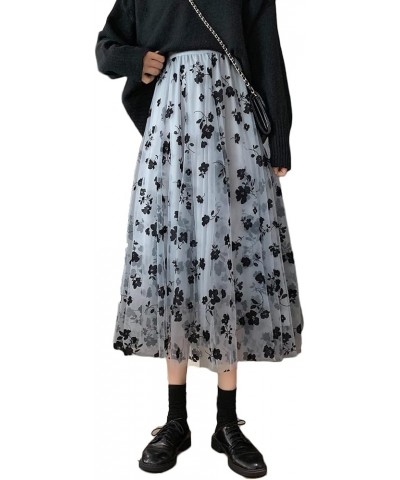 Women Tutu Tulle Skirt Elastic High Waist Layered Skirt Floral Print Mesh A-Line Midi Skirt Blue $10.32 Skirts