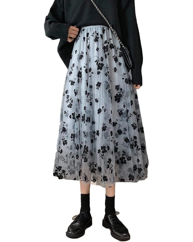 Women Tutu Tulle Skirt Elastic High Waist Layered Skirt Floral Print Mesh A-Line Midi Skirt Blue $10.32 Skirts