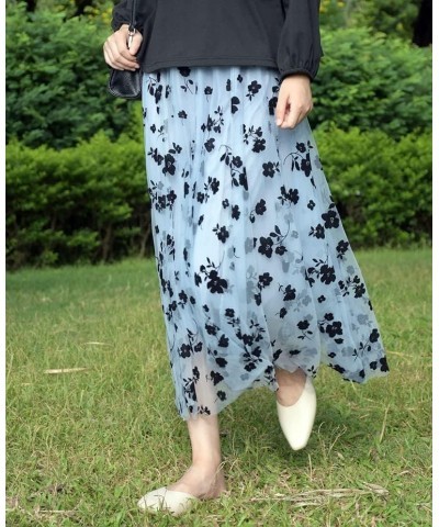 Women Tutu Tulle Skirt Elastic High Waist Layered Skirt Floral Print Mesh A-Line Midi Skirt Blue $10.32 Skirts