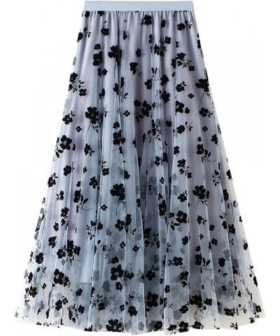 Women Tutu Tulle Skirt Elastic High Waist Layered Skirt Floral Print Mesh A-Line Midi Skirt Blue $10.32 Skirts