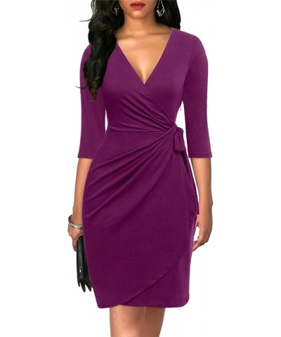 Women's Classic 3/4 Sleeve V Neck Sheath Casual Party Work Faux Black Wrap Dress Purple $15.01 Dresses