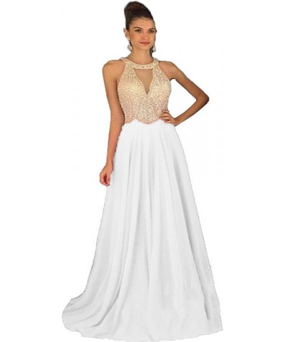 Women's Crystal Beaded Prom Dresses 2024 Long Chiffon Long Evening Gowns Formal White $32.70 Dresses