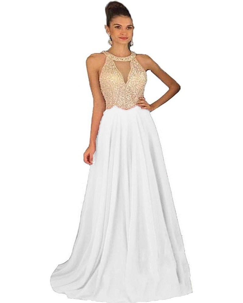 Women's Crystal Beaded Prom Dresses 2024 Long Chiffon Long Evening Gowns Formal White $32.70 Dresses