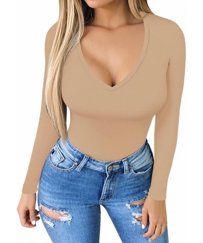 Deep V Neck Long Sleeve Tops Bodysuit for Women Clothing Long Sleeve Mocha $12.29 Bodysuits