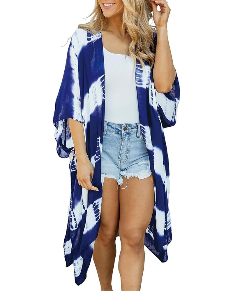 Women's Long Sleeve Lightweight Striped Kimono Loose Cardigan Casual Beach Wear Outfit Cover Up Blue 9199 $13.19 Swimsuits