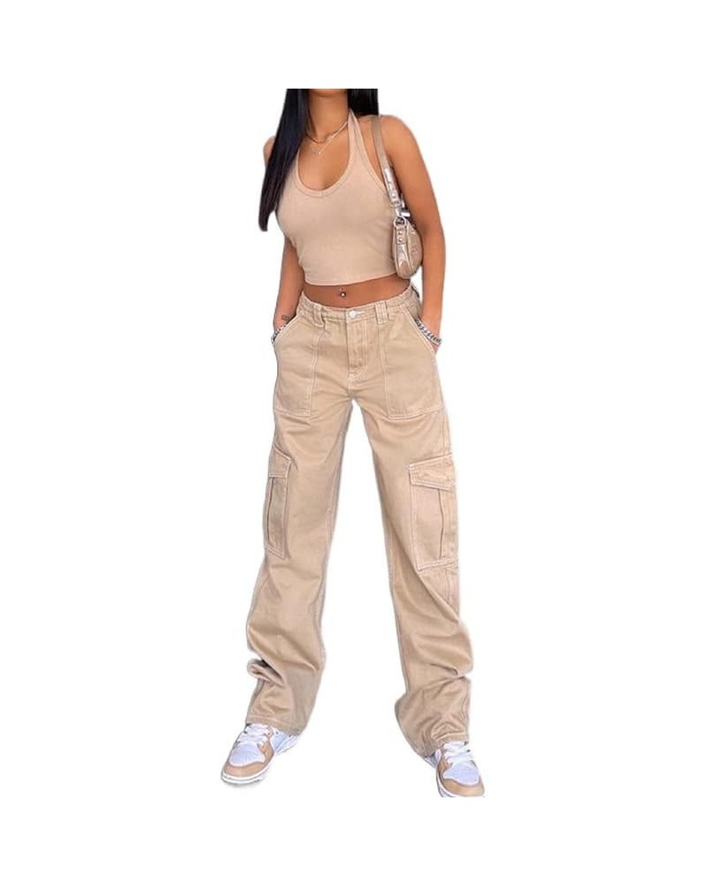 Women Gothic Cargo Jeans Wide Leg Punk Grunge Baggy Denim Pants Loose Trousers Harajuku 90s Streetwear C1- Khaki $11.48 Jeans