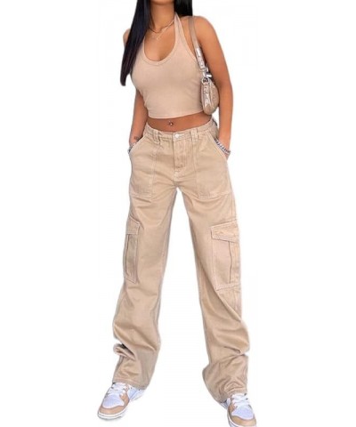 Women Gothic Cargo Jeans Wide Leg Punk Grunge Baggy Denim Pants Loose Trousers Harajuku 90s Streetwear C1- Khaki $11.48 Jeans