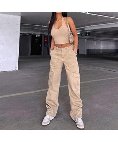 Women Gothic Cargo Jeans Wide Leg Punk Grunge Baggy Denim Pants Loose Trousers Harajuku 90s Streetwear C1- Khaki $11.48 Jeans