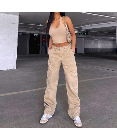 Women Gothic Cargo Jeans Wide Leg Punk Grunge Baggy Denim Pants Loose Trousers Harajuku 90s Streetwear C1- Khaki $11.48 Jeans