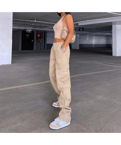 Women Gothic Cargo Jeans Wide Leg Punk Grunge Baggy Denim Pants Loose Trousers Harajuku 90s Streetwear C1- Khaki $11.48 Jeans