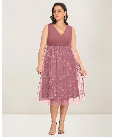 Plus Size Dresses for Women Wedding Guest V Neck Sleeveless Contrast Mesh Evening Midi Dress Orchid $32.16 Dresses