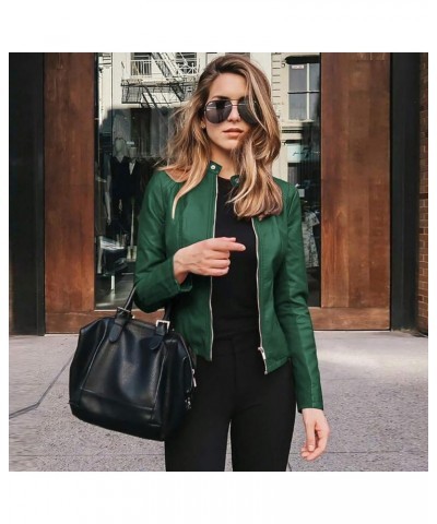 Women Leather Jacket Zip Snap Stand Collar Long Sleeve Outwear Cool Slim Jacket Coat for Vacation Daily Womens De F-green $27...