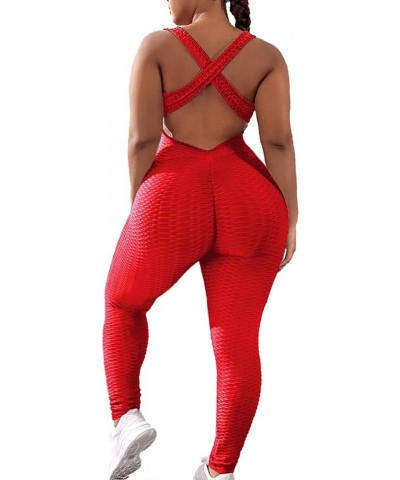 Women Yoga Jumpsuit Backless One Piece Workout Catsuit Bodysuit Sleeveless Textured Gym Bodycon Romper 1 Red $10.59 Jumpsuits
